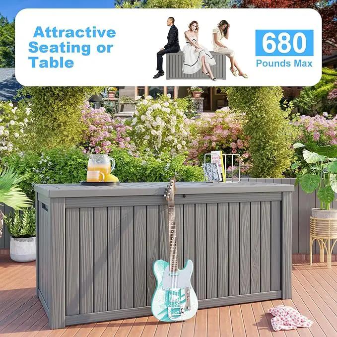 180 Gallon Deck Box,Resin Outdoor Storage Box with Lockable for Patio Furniture, Pool Accessories, Garden Tools Waterproof Outside Storage Box, Grey by GreenHaven Gardens