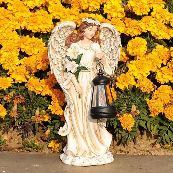 Solar Angel Outdoor Decor Garden Statues – 13.2 inches Angel Figurines Outdoor Sculptures with Solar Lantern for Outside Yard Art Patio Balcony Front Lawn Ornaments Gifts for Mom Grandma Women by GreenHaven Gardens