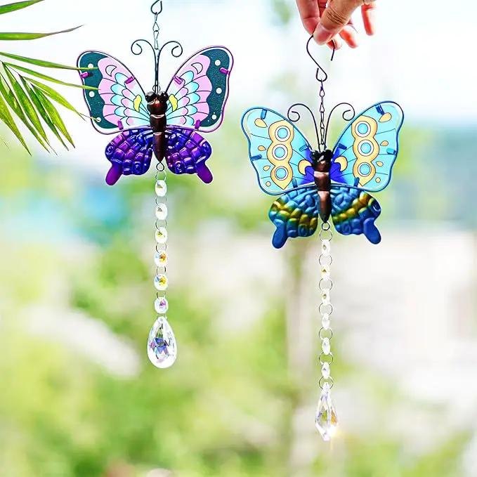 Set 2 Metal Butterfly Suncatchers for Windows - 14" Outdoor Fence Wall Art Decor, Rainbow Prisms Sun Catchers with Crystals Hanging for Home Garden Ornament by GreenHaven Gardens