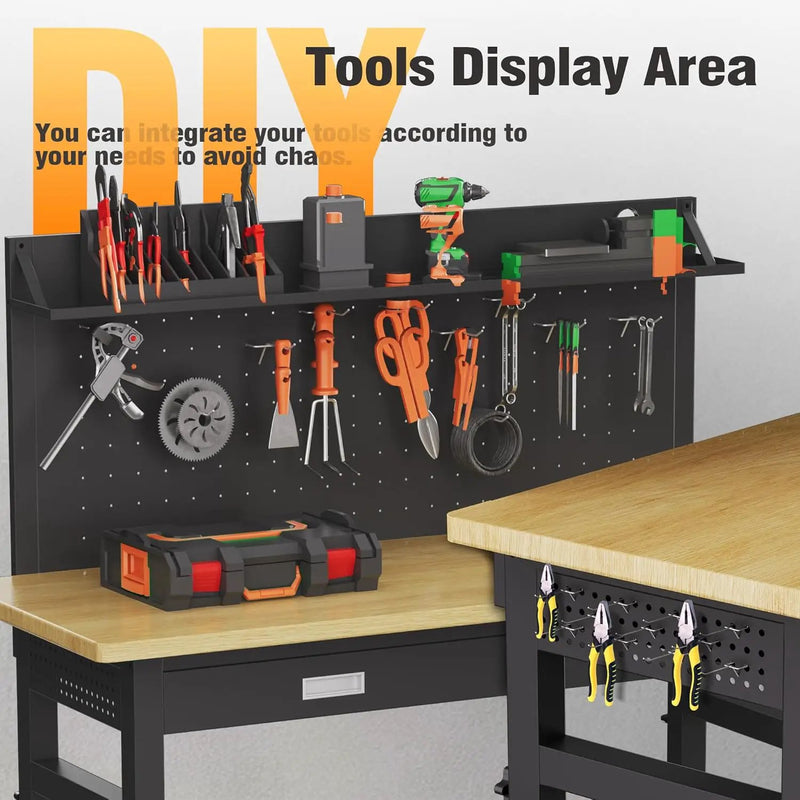 60" Heavy Duty Work Bench with Drawers, Adjustable Height 2000 Lbs Garage Workbench with Pegboard Pad & Power Outlets & Wheels, Mobile Tool Work Table for Workshop Woodworking Home Office by GreenHaven Gardens