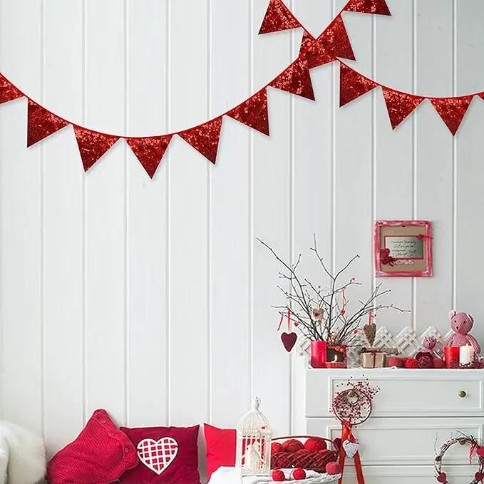 Pinkblume Red Decorations Double Sided Sequin Fabric Triangle Pennant Banner Flag Bunting Garland for Theme Nursery Classroom Home Bedroom Wall Valentines Day Holiday Christmas Decor by GreenHaven Gardens