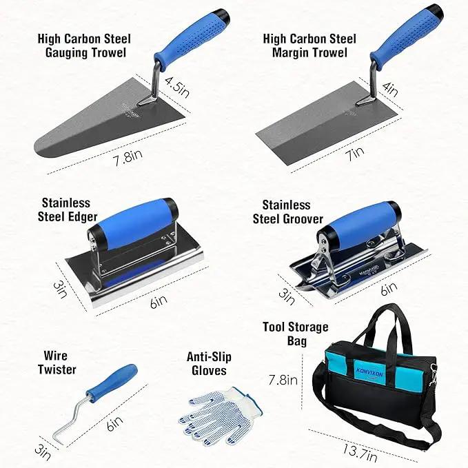 10PCS Concrete Trowel Set, Masonry Hand Tool Set Includes Large Flat Finishing and Pool Trowel, Wood Float, Concrete Edger and Groover, Margin Gauging, Wire Twister, Gloves & Carry Bag by GreenHaven Gardens