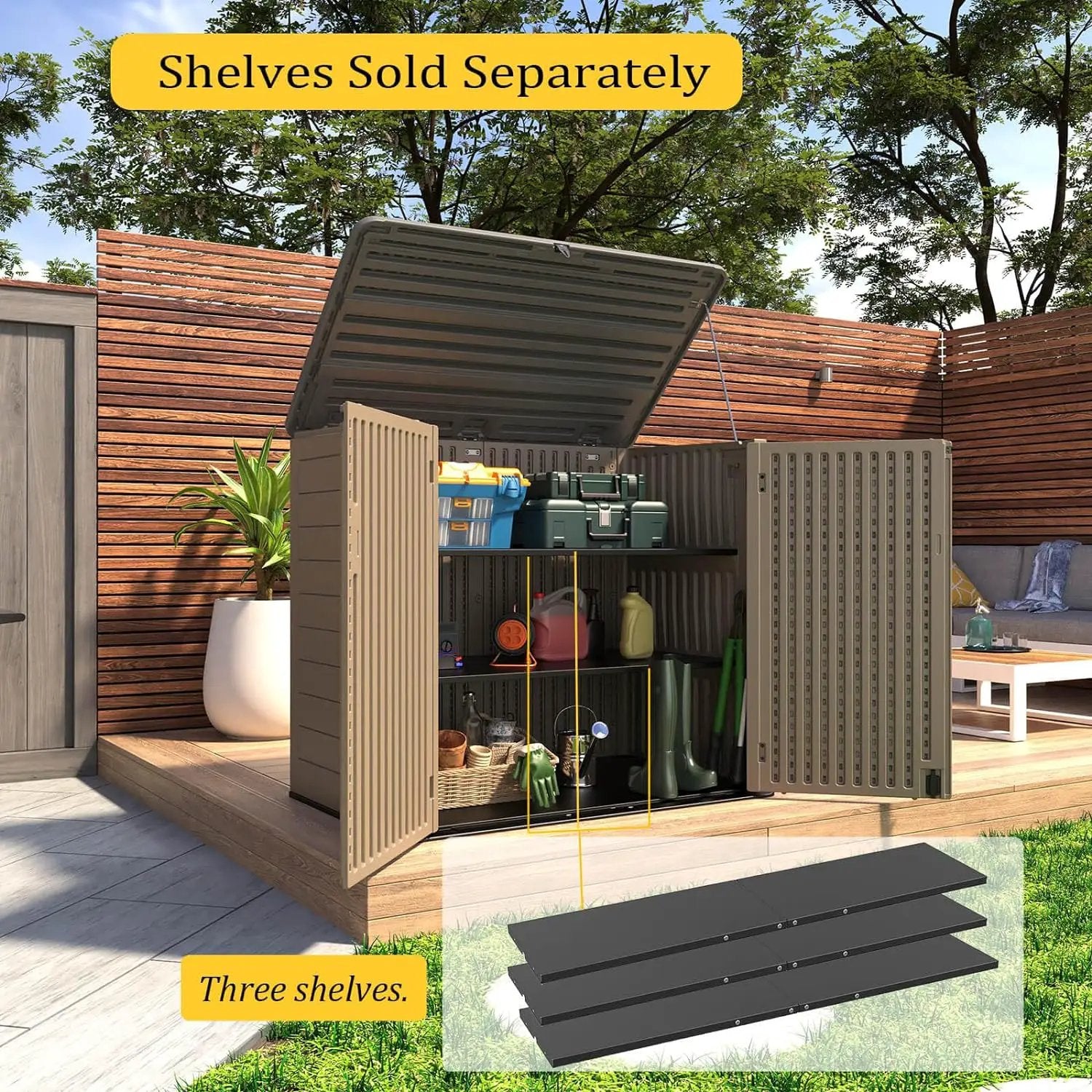 HOMSPARK Storage Shed Weather Resistance, Multi-Purpose Outdoor Storage Cabinet Waterproof, Outdoor Storage Cabinet for Bike, Garbage Cans, Lawnmower, Garden Accessories (coffee, Extra Large-48 cu ft) by GreenHaven Gardens