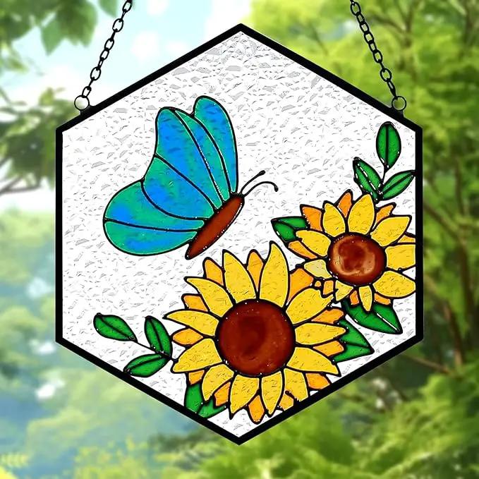 Stained Glass Butterfly Sunflower Suncatcher Window Hanging Ornament, Light Transmission Hand Paint Sun Catchers for Women Gifts, for Lover by GreenHaven Gardens