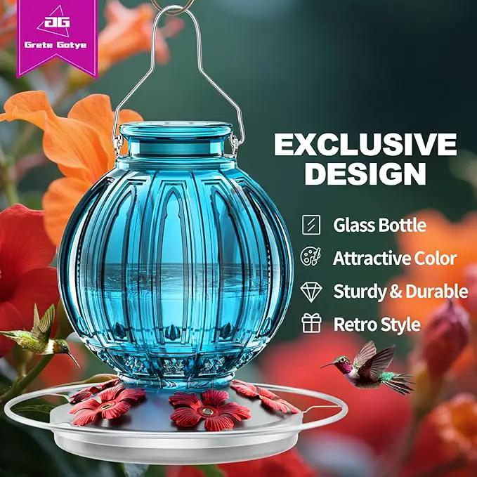 Glass Hummingbird Feeder for Outdoors Hanging, 26Oz Bird Nectar Feeder with Perch & 5 Flower Feeding Ports, Leak Proof for Outside Garden Decor Backyard, Gifts for Women Mom, Blue by GreenHaven Gardens