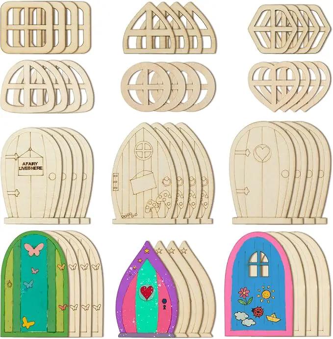 AUEAR, 48 Pack Fairy Door Miniature Wooden Garden Doors Windows Unfinished Window Accessories Unpainted Mini House DIY Craft for Wall Home Party Decoration (Style B) by GreenHaven Gardens