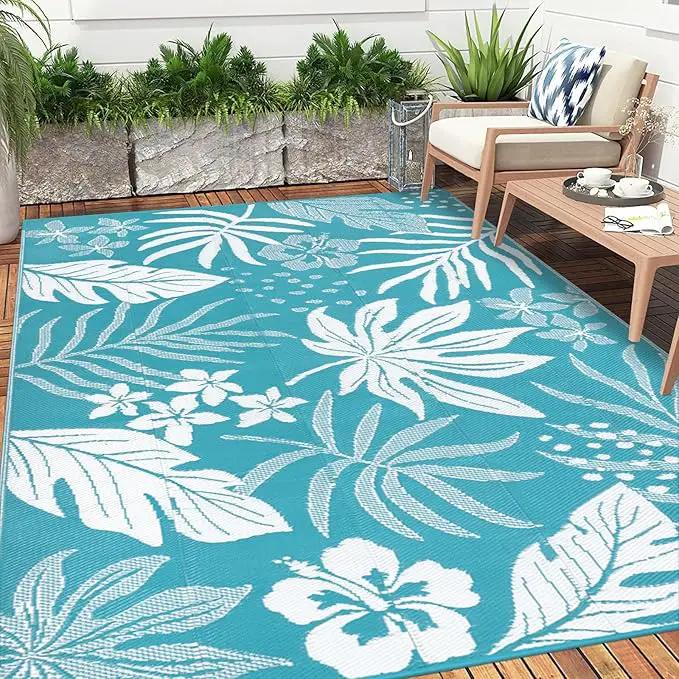 Pauwer Waterproof Outdoor Rug 6x9, Reversible Plastic Straw Patio Camping Rug, Indoor Outdoor RV Mat Carpet for Deck, Camper, Porch, Balcony, Backyard, Picnic, Floral Teal by GreenHaven Gardens