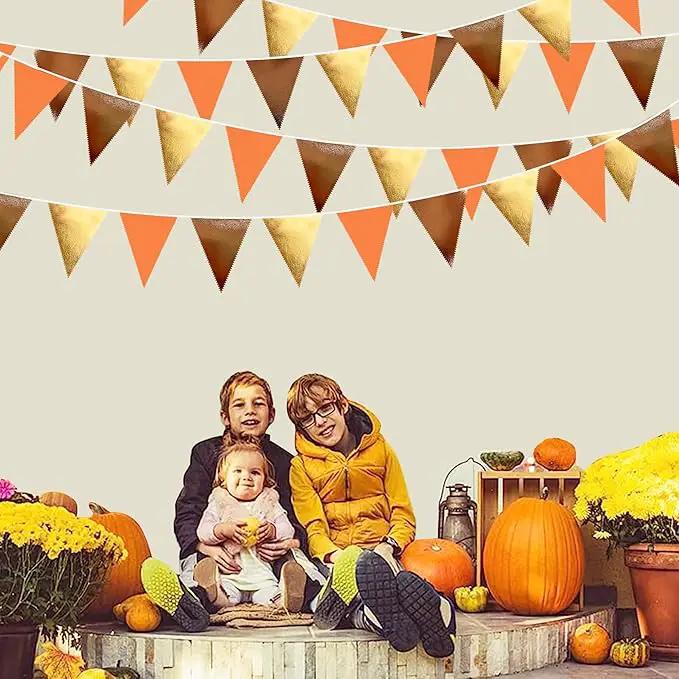 Fall Party Decorations Orange Gold Brown Metallic Fabric Triangle Pennant Banner Flag Bunting Garland for Autumn Fall Thanksgiving Wedding Birthday Bridal Shower Engagement Graduation Party Supplies by GreenHaven Gardens