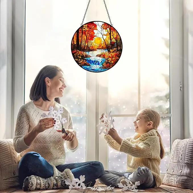 Sunset Suncatcher Stained Glass Window Hanging - Sun Catchers Indoor Window Decorations with Tree and River - Sunset Scenery Window hangings with Hooks - Valentines Day Gifts for Him Her Women Men by GreenHaven Gardens