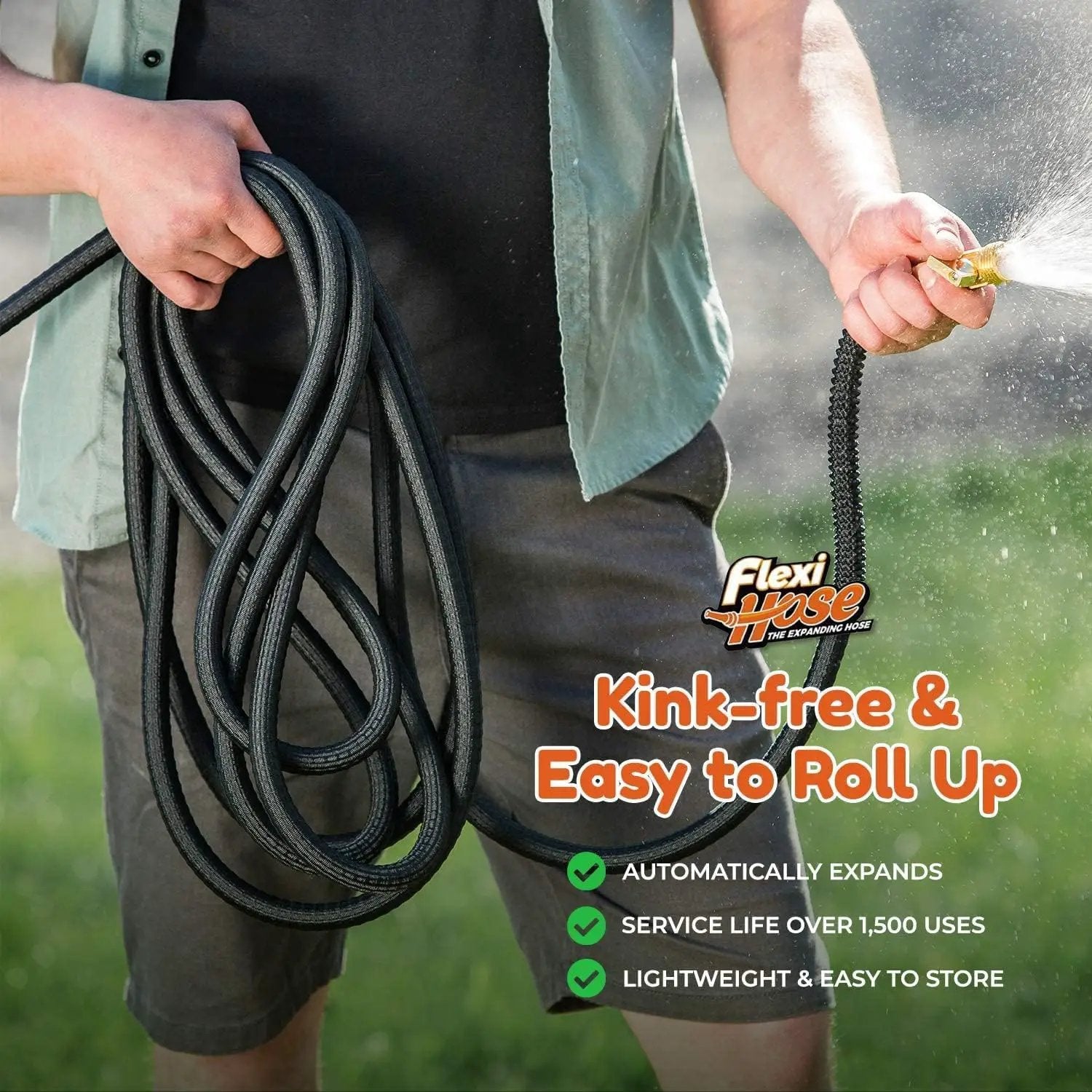Flexi Hose Upgraded Expandable Garden Hose Extra Strength 3/4 Solid Brass Fittings - The Ultimate No-Kink Flexible Water Hose (Black, 50 FT) by GreenHaven Gardens