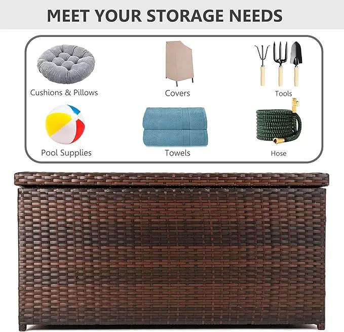 Outdoor 70 Gallon Wicker Storage Box with Waterproof Liner, Patio PE Rattan Storage Container for Outside, Deck Box with Hinged Lid for Cushions, Pillows, Towels, Horizontal Bin, Brown by GreenHaven Gardens