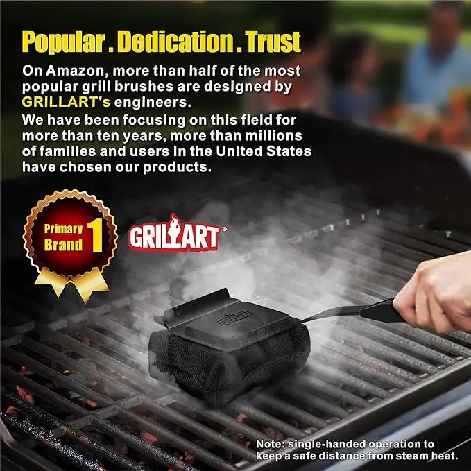 GRILLART Grill Brush Bristle Free. SteamWizards BBQ Replaceable Cleaning Head, Seamless-Fit Scraper Tools for Cast Iron/Stainless-Steel Grates Griddle, Safe Barbecue Grill Cleaner Brush-Dark Black by GreenHaven Gardens