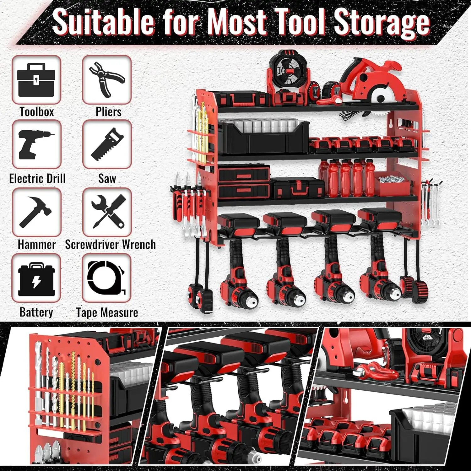Power Tool Organizer Wall Mount, Red Metal Power Tool Storage Rack with Screwdriver Holder, Garage Tool Storage Shelves with Screwdriver Holder Plier Holder (Red, 4 Drills Holder) by GreenHaven Gardens