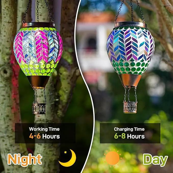 Mosaic Hot Air Balloon Solar Lanterns Outdoor Waterproof, Colorful Glass Solar Hanging Lantern Lights for Garden Patio Yard Gifts for Women Mom Grandma by GreenHaven Gardens