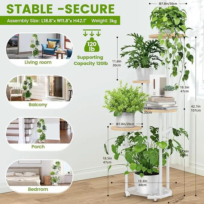 TOSKING 5 Tier Metal Plant Stand Indoor， Plant Shelf, Corner Shelf Flower Pot Stand for Outdoor Plant Stand for Living Room Balcony Garden Patio Bedroom (White and Wood, 42in) by GreenHaven Gardens