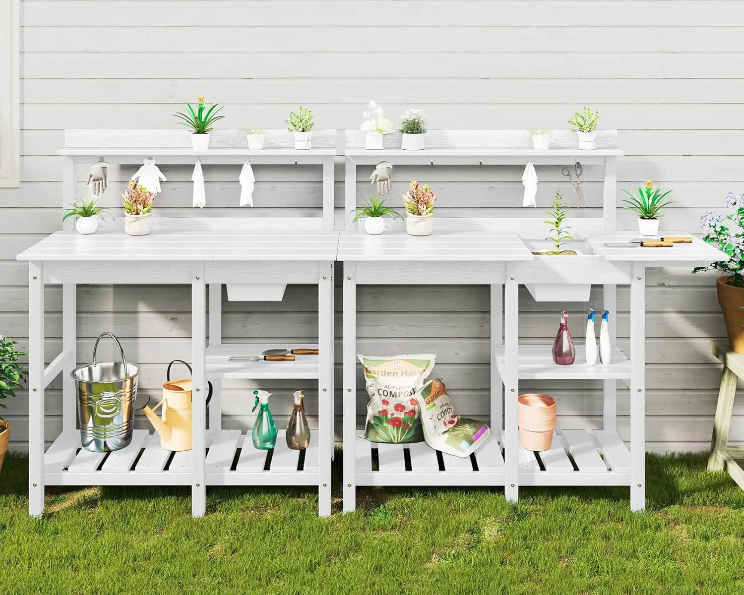 SERWALL Potting Table Set of 2 for Outside All Weather Use- White by GreenHaven Gardens