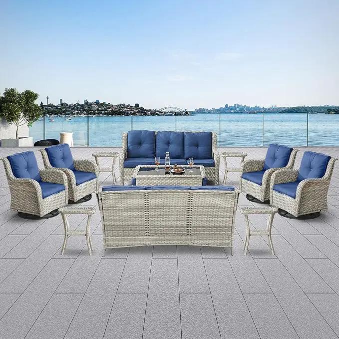Wicker Patio Furniture Sets - 13 Piece Outdoor Rattan Furniture Conversation Sets with 4 Swivel Rocker Chairs, 2 Rattan Sofas, Wicker Ottomans and Coffee Table, Light Grey/Blue by GreenHaven Gardens