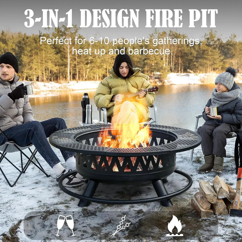 42 Inch Fire Pit with 2 Grills, Large Outdoor Firepits for Outside, Wood Burning Fireplace for Camping,Picnic,Bonfire, 3-in-1 Round Metal Table with Lid for Backyard,Patio,Party by GreenHaven Gardens