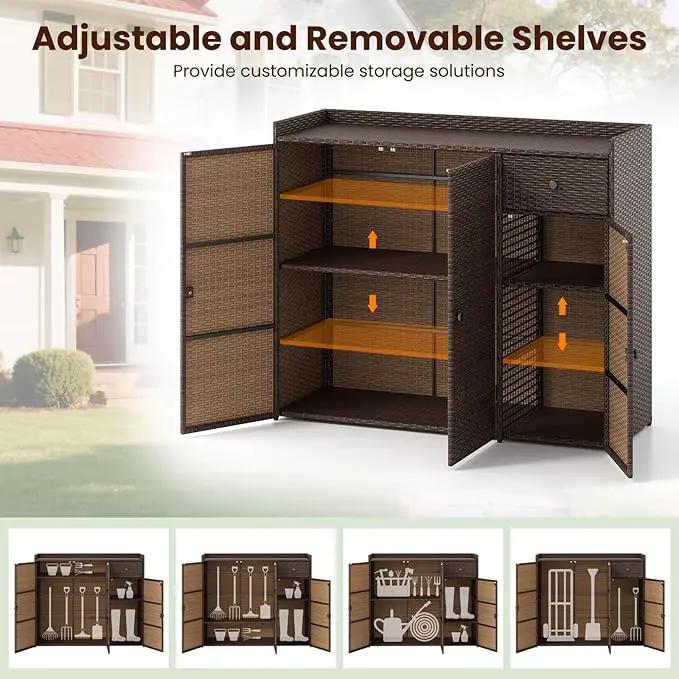 Tangkula Rattan Outdoor Storage Cabinet, Patiojoy Outdoor Cabinet with 4 Adjustable Shelves, 1 Drawer, 3 Doors, Patio Storage Deck Box Table for Patio Garden Poolside (Mix Brown) by GreenHaven Gardens