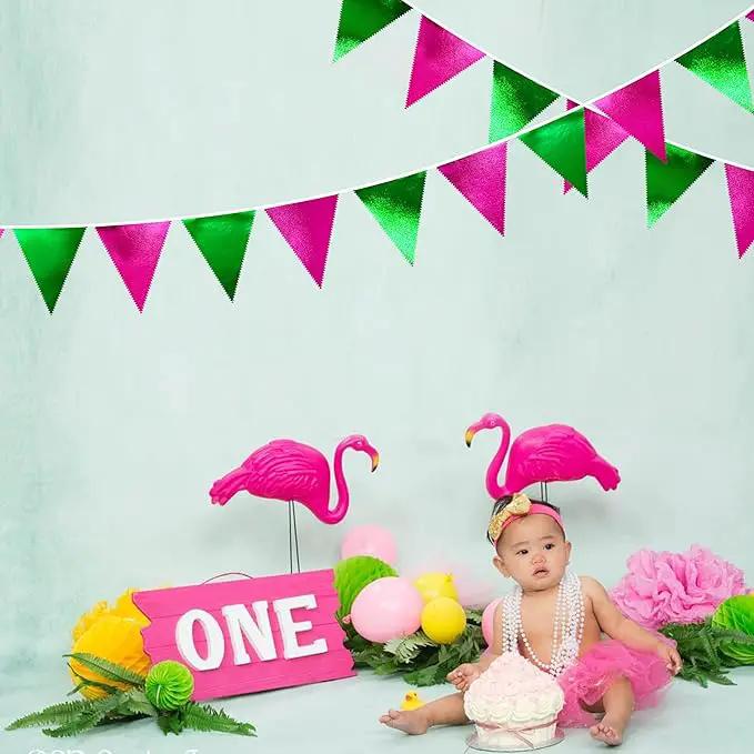 Pink and Green Party Decorations Metallic Hot Pink Light Green Fabric Triangle Pennant Banner Flag Bunting Garland for Witches Theme Birthday Wedding Baby Shower Engagement Bachelorette Party Supplies by GreenHaven Gardens