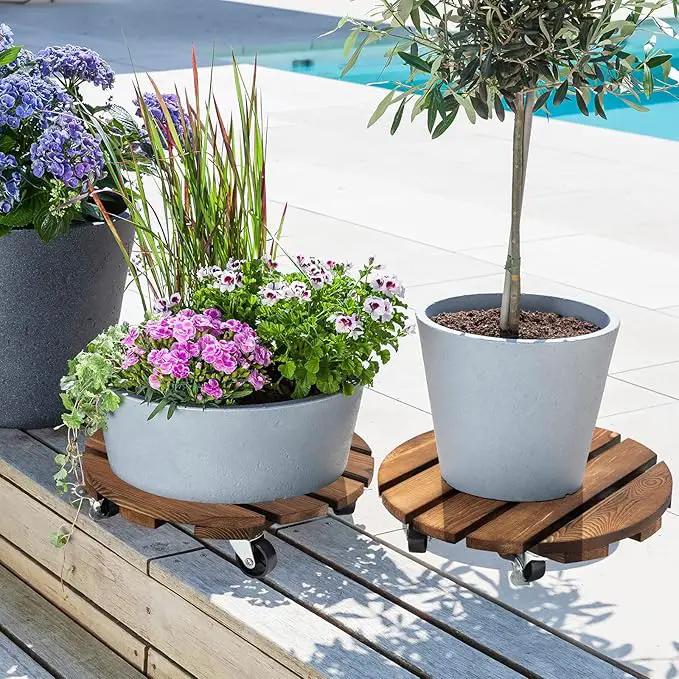 Yangbaga 2pack Plant Caddy 12’’Wood Duty Rolling Plant Stand with 2 360° Lockable Caster Wheels,Indoor Outdoor on Roller Patio/Flower Pot/Succulent Pots by GreenHaven Gardens