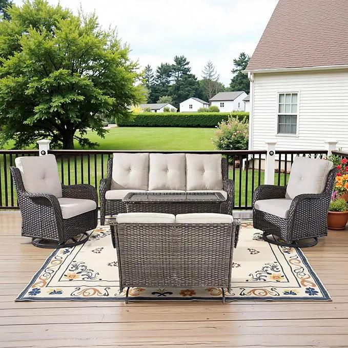 5 Piece Outdoor Patio Furniture Set - Outdoor Conversation Couch and Loveseat Glider Chair Furniture Set with Rattan Coffee Table for Deck Balcony Poolside Brown Wicker/Beige Cushions by GreenHaven Gardens