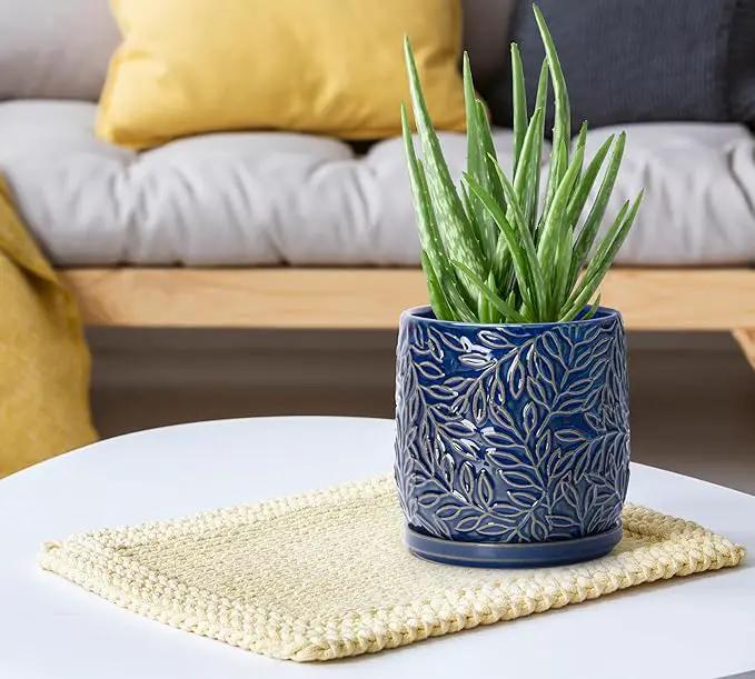 D'vine Dev 5 Inch Embossed Leaves Stoneware Planter Pot with Drainage Hole and Saucer, Midnight Blue, 27-A-V-3 by GreenHaven Gardens