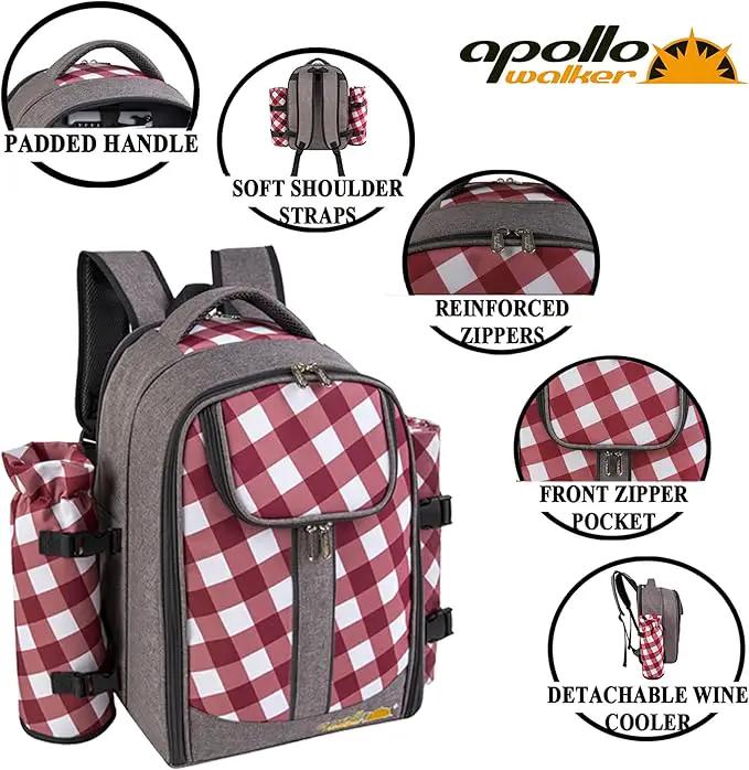 apollo walker Picnic Backpack Bag with Cooler Compartment, Detachable Bottle/Wine Holder, Fleece Blanket, Plates and Cutlery Set (2 Person, Gray) by GreenHaven Gardens