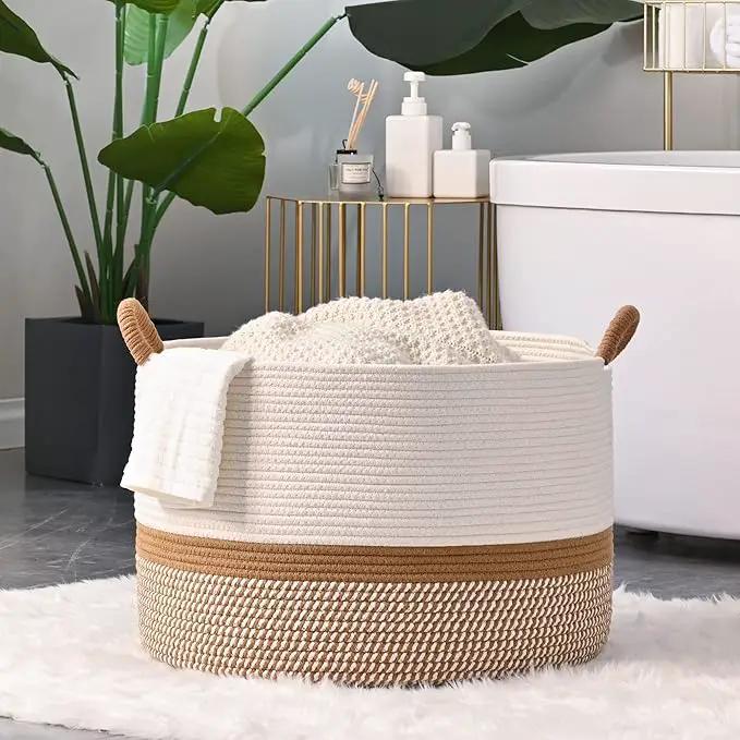 KAKAMAY Large Blanket Basket (20"x13"),Woven Baskets for storage Baby Laundry Hamper, Cotton Rope Blanket Basket for Living Room, Laundry, Nursery, Pillows, Baby Toy chest (White/Brown) by GreenHaven Gardens