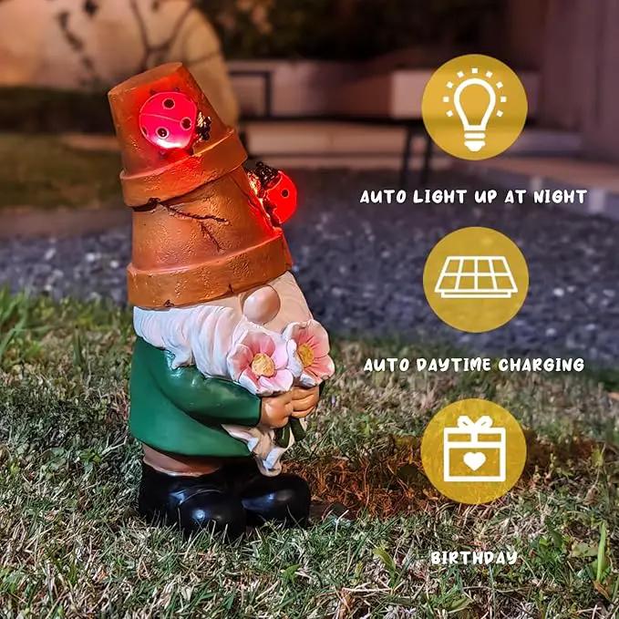 Garden Gnome Statues Outdoor Decor, Solar Gnomes with LED Lighted Flowers, Solar Resin Outdoor Statue Sculpture, for Woman Gift Home and Garden Decor by GreenHaven Gardens