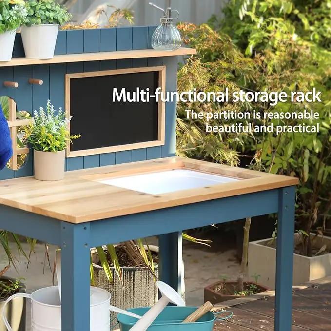 Kids Potting Bench Table Garden Workbench Outdoor Kids Garden Double-Layer Planting Table with Drawing Board Removable Sink,Wood Outdoor Play Kitchen for Toddlers,Backyard and Porch Blue by GreenHaven Gardens