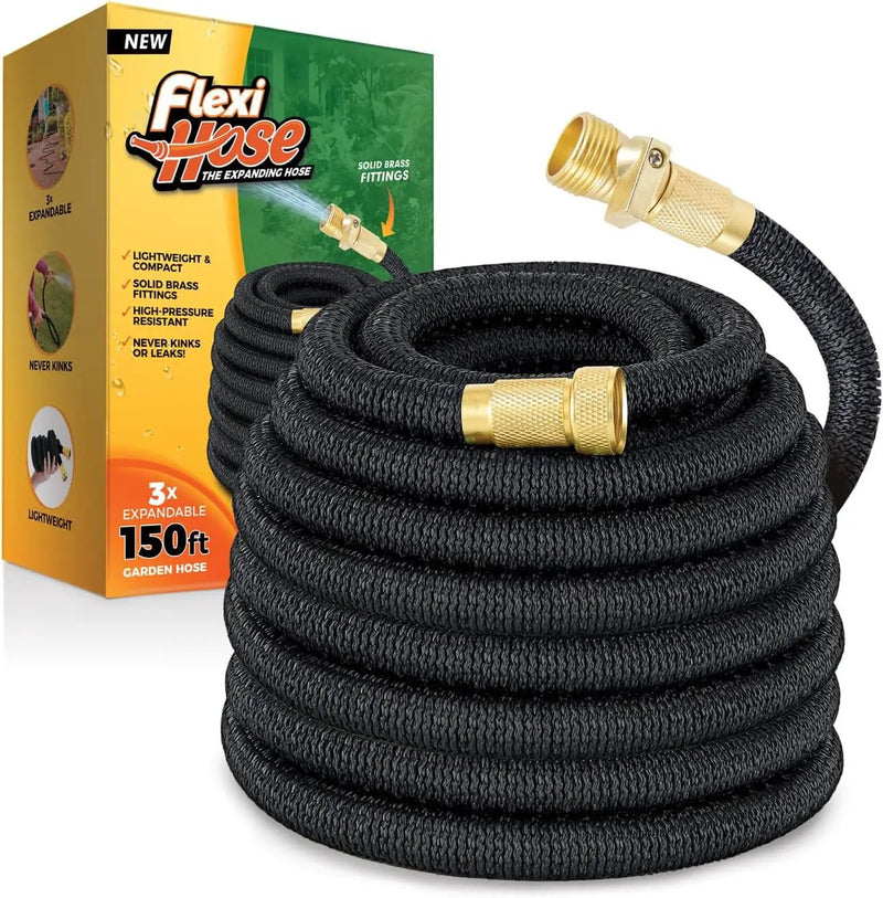 Flexi Hose Lightweight Expandable Garden Hose, No-Kink Flexibility, 3/4 Inch Solid Brass Fittings and Double Latex Core (150 FT, Black) by GreenHaven Gardens