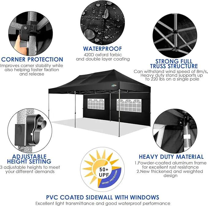 COBIZI 10x20 Canopy with Sidewalls, Heavy duty Party Tent Pop up carpas para fiestas, Tents for Parties, wedding, Outdoor Ez up Foldable Portable Canopy Tent with Wheeled Bag, Black(Windproof Upgrade) by GreenHaven Gardens