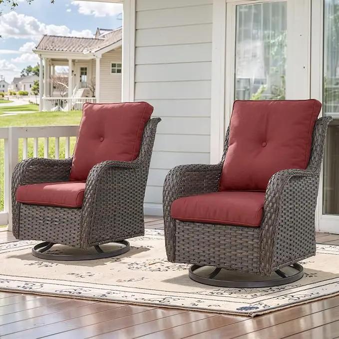 Outdoor Swivel Rocker Patio Chairs - 360 Degree Swivel Glider Seating Wicker Rocking Chairs Set of 2 with High Back Deep Seat for Porch Balcony Deck, Brown/Red by GreenHaven Gardens