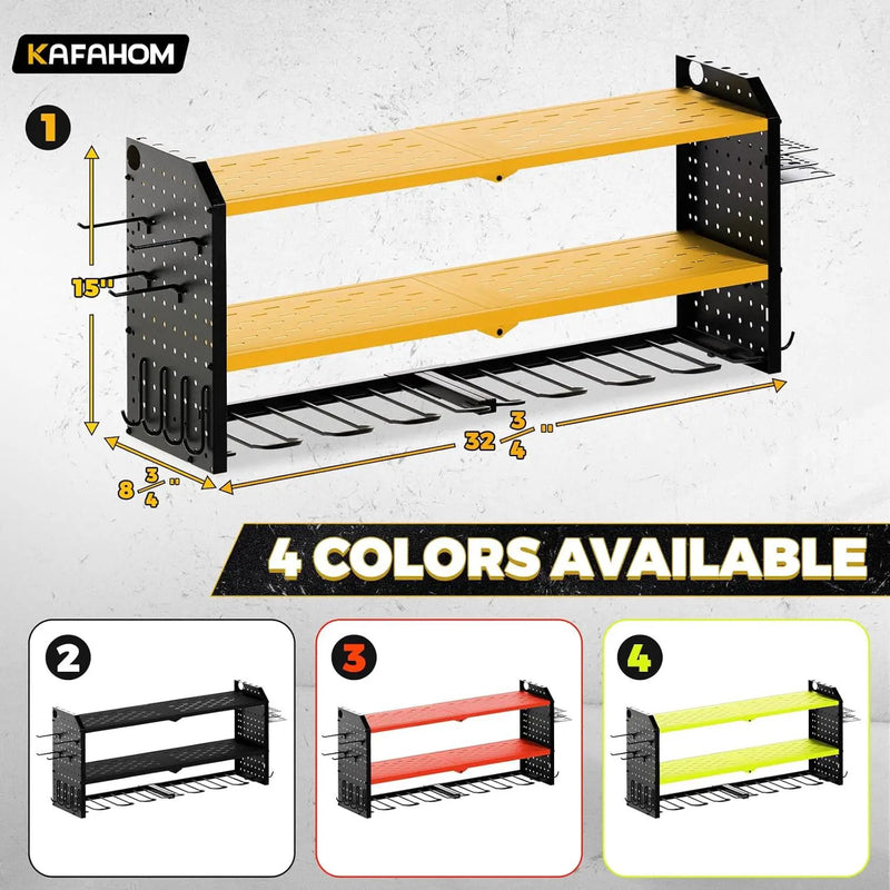 KAFAHOM Power Tool Organizer,Large 8 Drill Holder Wall Mount with 2 Side Pegboards,Metal Tool Shelf with 12 Hooks,Storage Rack for Garage Organization,Utility Cordless Drill Holder - Yellow by GreenHaven Gardens