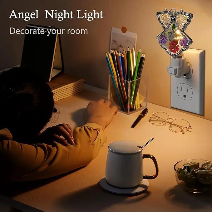 KY&BOSAM Night Light Mom Stained Glass Angel Night Lights Plug Into Wall with Real Flower in Glass and Metal Charm Night Light for Nursery Bedroom Bathroom Decorative Accent Lite Elegant Home Decor by GreenHaven Gardens