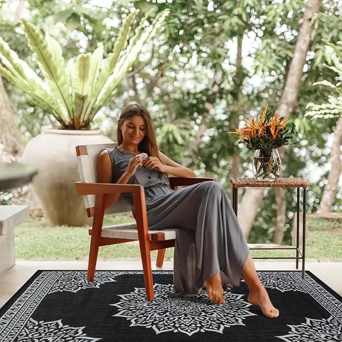 CAMILSON Outdoor Rug, 6x9 Medallion Black White Modern Area Rugs for Indoor and Outdoor Patios, Kitchen and Hallway Mats, Washable Porch Deck Outside Carpet (Medallion Black, 6 x 9) by GreenHaven Gardens