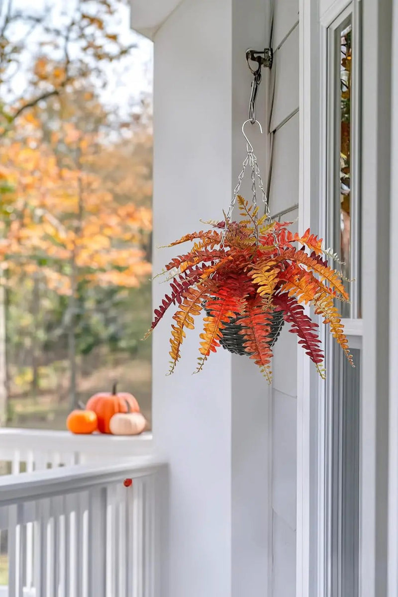 Hollyone Fall Hanging Baskets Small Artificial Fern Orange 21 Leaves Fall Hanging Decor Plant Boston Ferns Silk Plants with Black Rattan Baskets Outdoors Indoor Fake Fern Autumn Decorations for Home by GreenHaven Gardens