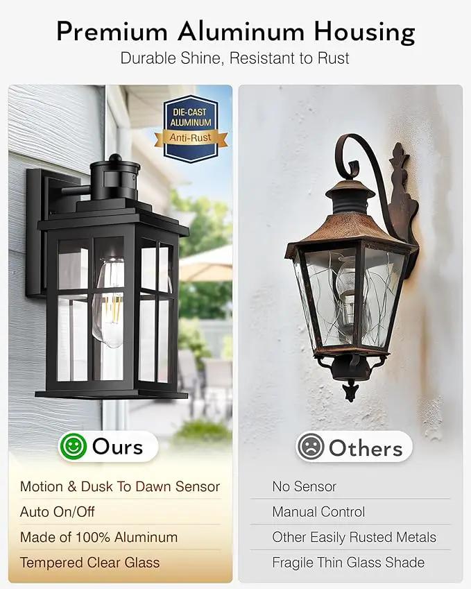 Motion Sensor Outdoor Light, Black Porch Light Dusk to Dawn, Waterproof Outdoor Motion Sensor Light, Anti-Rust Outside Lights for House, Garage, Doorway, Porch, 100% Aluminum by GreenHaven Gardens