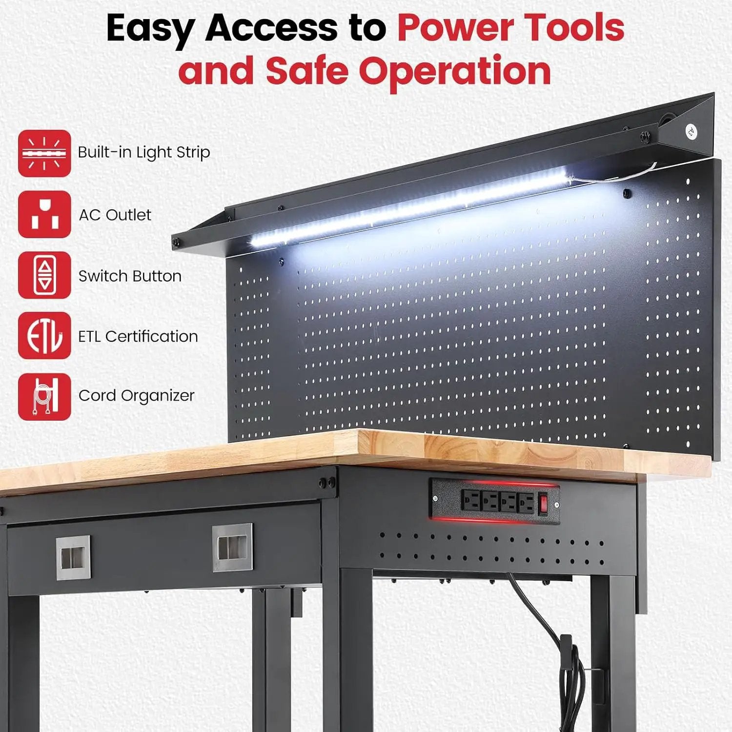 Work Bench with Wheels 60 x 22 Inch Heavy Duty Rubberwood Tabletop Work Table Adjustable Height Garage Workbench with LED, Drawers, Pegboard, Power Outlets for Woodworking Shop, Home, Office by GreenHaven Gardens