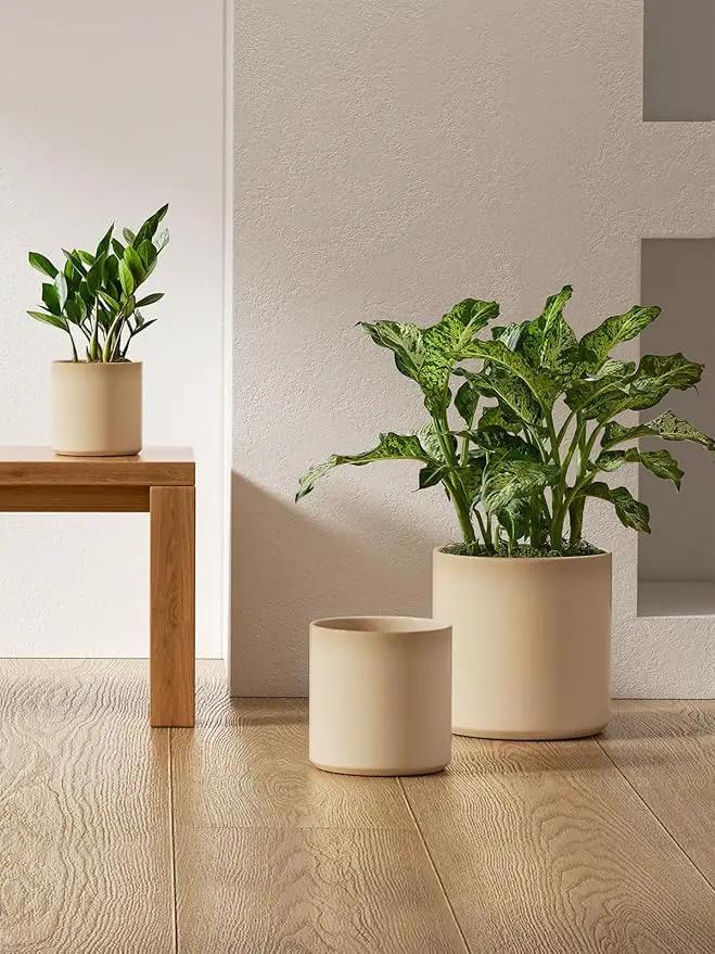 LE TAUCI Ceramic Plant Pots Indoor, 10+8+6 Inch Planters for Indoor Plants, Mid-Century Modern Flower Pots with Drainage Hole and Plug, Cylinder Round Planters, Set of 3, Cloud Cream by GreenHaven Gardens