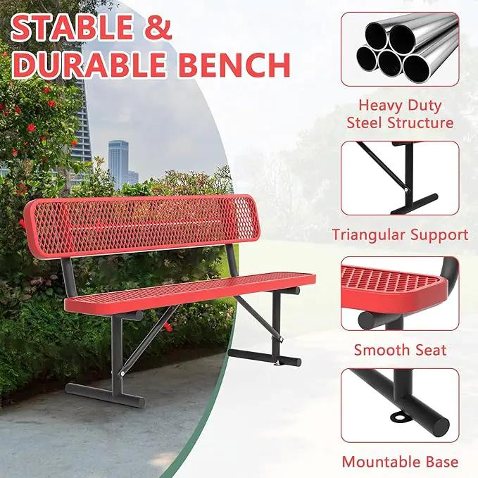 Heavy Duty Park Bench with Back Portable Frame, Outdoor Steel Bench with Backrest, Red Metal Bench Seat Expanded Metal Mesh Bench for Lawn, Park, Deck, Garden, Patio, Porch, Black (Red, 6FT) by GreenHaven Gardens