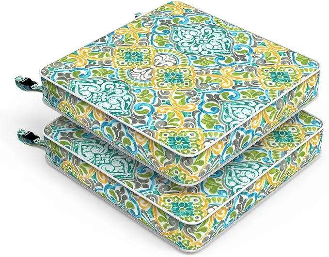 LVTXIII Patio Chair Cushions 22"x22"x3", Water-Repellent Outdoor Seat Cushions for Patio Furniture, Square Chair Pads with Ties for Home Garden Decoration, Set of 2, Damask Green by GreenHaven Gardens