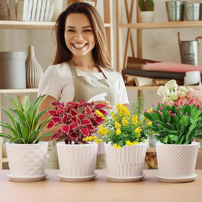 Plant Pots - 5.5 Inch Cylinder Ceramic Planters with Connected Saucer, Pots for Succuelnt and Little Snake Plants, Set of 4, White by GreenHaven Gardens