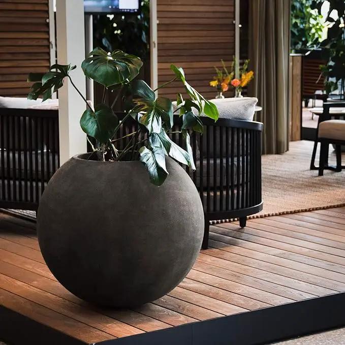 Orbo Globe Sphere Planter – Grey Stone Finish – Fiberglass Indoor/Outdoor and Weather-Resistant Round Planter (23.6" D x 21.1" H Exterior, 23.2" D x 20.5" H Interior) by GreenHaven Gardens