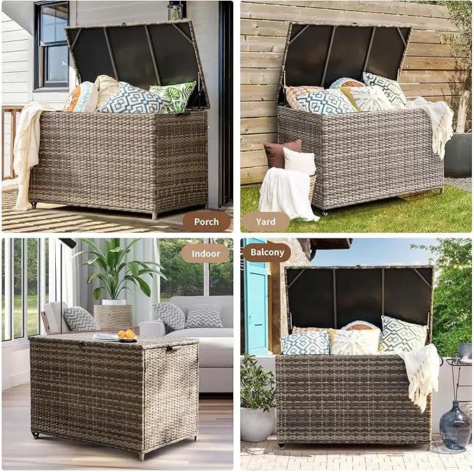 178 Gallon Outdoor Storage Box, Patio Deck Box with 2 Wheels, Handle Large Portable Wicker Rattan Deck Box for Patio Furniture Cushions, Throw Pillows, Garden Tools and Pool Floats (Gray) by GreenHaven Gardens