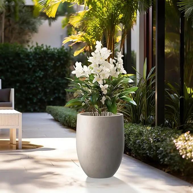 Kante 21.7" H Buff Concrete Tall Planter, Large Outdoor Indoor Decorative Pot with Drainage Hole and Rubber Plug, Modern Round Style for Home and Garden by GreenHaven Gardens