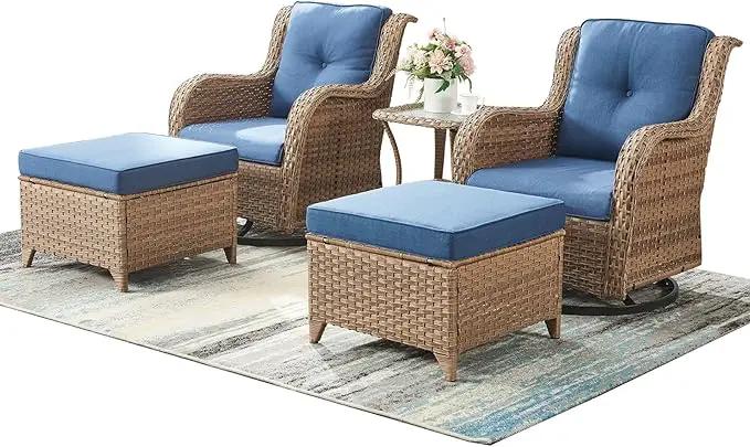 Outdoor Wicker Patio Furniture Set - 5 Pieces Rattan Patio Conversation Set with 2 Rocking Swivel Chairs,2 Ottomans and 1 Side Table for Porch Deck Backyard Garden(Yellow/Blue) by GreenHaven Gardens