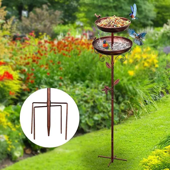 Metal Bird Bath for Outside, 2-in-1 Birdfeeder and Bath, 42 Inch Tall Stand with Hummingbird, Large 12Inch & Small 7.9Inch Bird Bath Bowl, 3 Bird Decor for Garden, Antique Bronze by GreenHaven Gardens