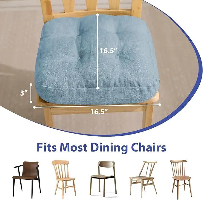 Chair Cushions for Dining Chairs, Dining Chair Cushions, Tufted Indoor Chair Pads with Ties & Non Slip Backing, Seat Cushions for Kitchen Chairs 16.5” x 16.5” x 3.5”, Set of 4, Light Blue by GreenHaven Gardens